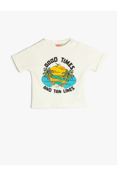 Koton T-Shirt Buttoned Crew Neck Printed Short Sleeve Textured Cotton