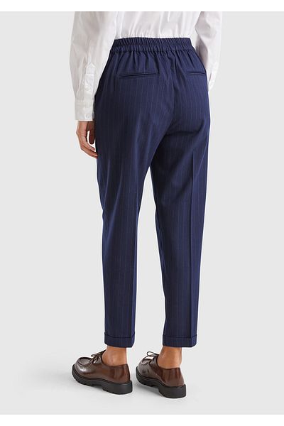 United Colors of Benetton Women's Navy Blue Viscose Mixed Thin Striped Jogger Pants with Elastic Waist