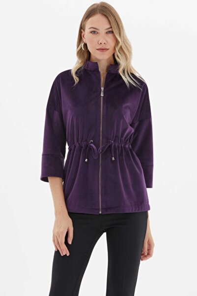 Selen Giyim Hakim Yaka Beli Büzgülü Uzun Kadife Ceket