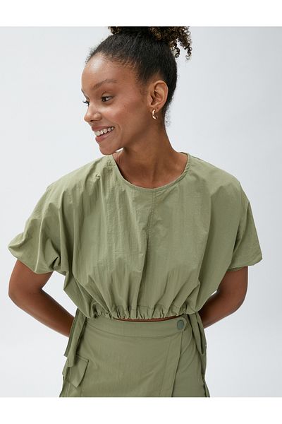 Koton Crop Blouse with Tie Waist Detail, Balloon Sleeves, Crew Neck