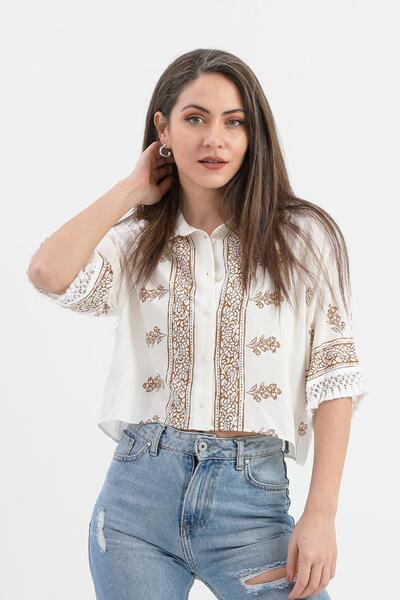 VAPUR TEKSTİL Antique Patterned Shirt with Tasseled Sleeves - Brown