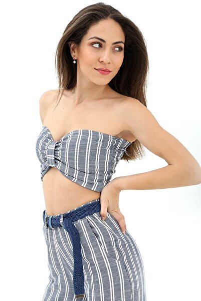 VAPUR Indigo Linen Bustier - Striped with Bow Detail