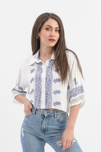 VAPUR TEKSTİL Cămașă cu mâneci cu ciucuri cu model antic - SaksBlue