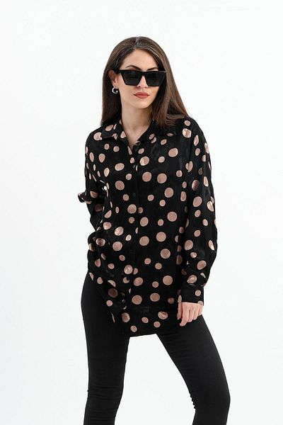 VAPUR TEKSTİL Cămașă din satin - mânecă căzută, model cu buline, negru-camel