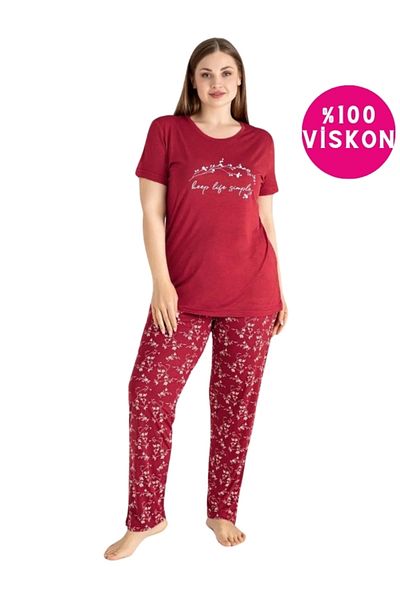 bie's Claret Red Floral Buttonless Round Neck Large Oversize Viscose Large Size Pajama Set with Pockets