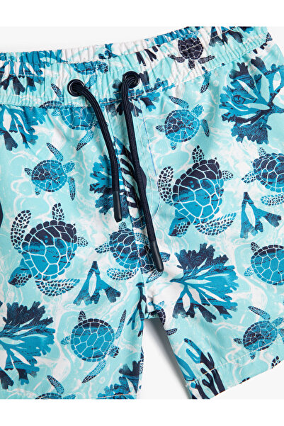 Koton Deniz Şortu Beli Bağlamalı Kaplumbağa Baskılı File Astarlı