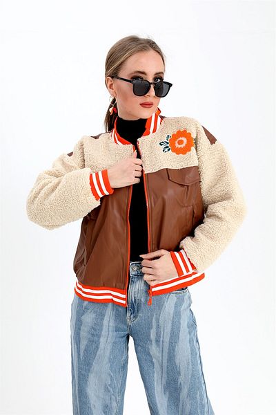 VAPUR Tan Plush Jacket Coat - Leather with Elastic Waist and Embroidery