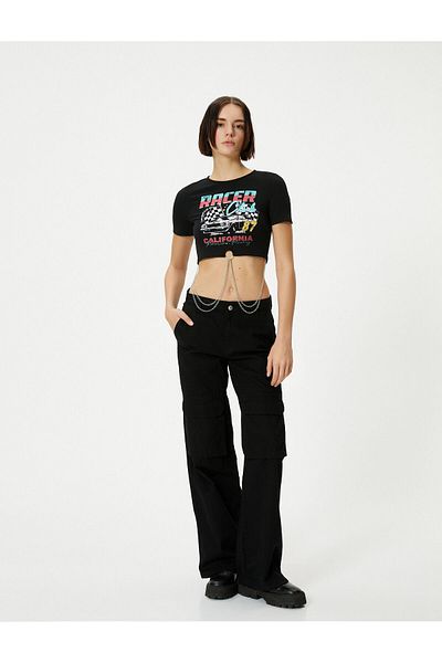 Koton Chain Detail Printed Crop T-Shirt Short Sleeve Crew Neck
