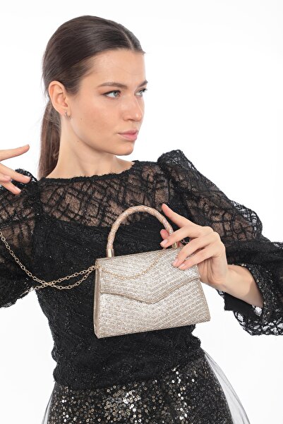 womenacs Gold Color Full Jewelled Chain Strap Stylish New Season Women's Evening Dress Portfolio Wedding Clutch Bag