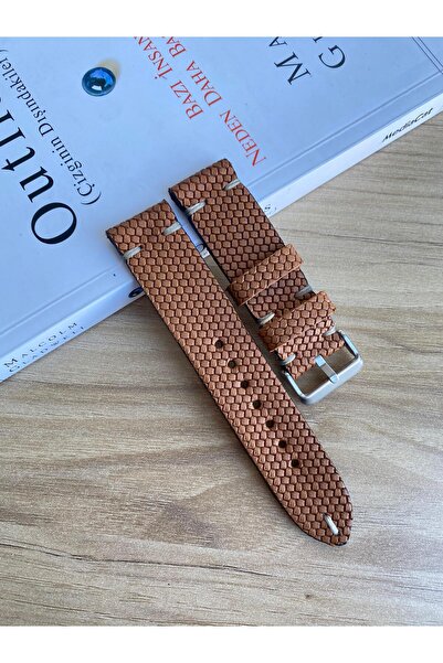Prizma El Dikişi Kahverengi Desenli Gerçek Deri Saat Kordonu. Hakiki Deri. 20...
