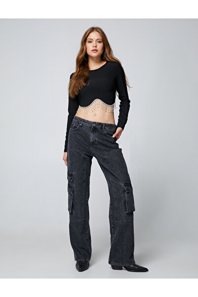 Koton Γυαλιστερό πέτρινο T-Shirt Crop με μακρυμάνικο ριμπ λαιμόκοψη