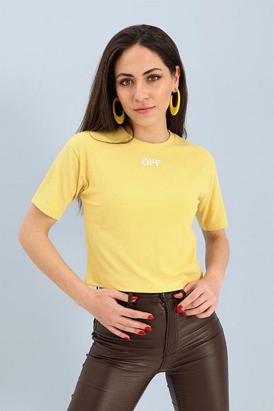 VAPUR TEKSTİL Tricou Crop Galben - Decolteu Crew, Off Text