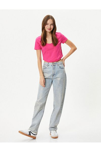 Koton Crop T-Shirt Corset Look Tight Fit Short Sleeve U Collar Cotton
