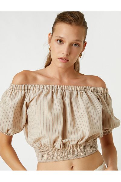 Koton Schulterfreie Crop-Bluse mit elastischem Bund aus Leinenmischung