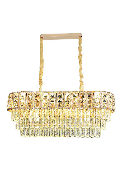 Apliqa Della Sıralı 40 Watt Dikdörtgen Gold Kristal Taşlı Yemek Masası Üstü, Salon Avize