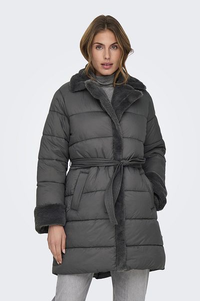 ONLY Women's Onlcuba Plush Collar Detailed Waist Tie down down Jacket 15322452   Gray