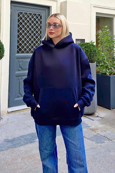 Swist Navy Blue Oversize Hooded, Kangaroo Pocket Fleece Women's Sweatshirt