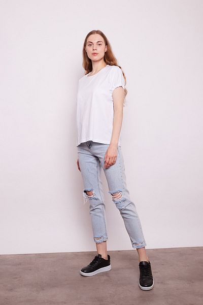 Jument Lycra-free Cotton Wide Crew Neck Drop Shoulder Sleeves Lace-up T-shirt -white