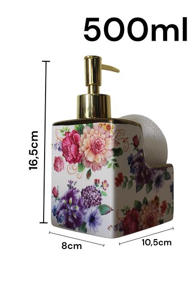 ALBETTO 500ml Porcelain Liquid Soap Dispenser - Flower Patterned with Sponge Holder Compartment