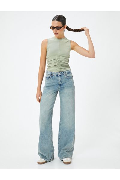 Koton Drapiertes Crop-Tanktop aus Baumwolle mit Rundhalsausschnitt
