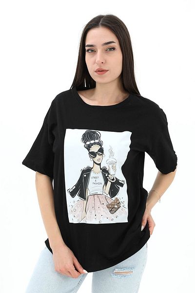 VAPUR Tricou cu detaliu în piatră cu decolteu rotund - negru