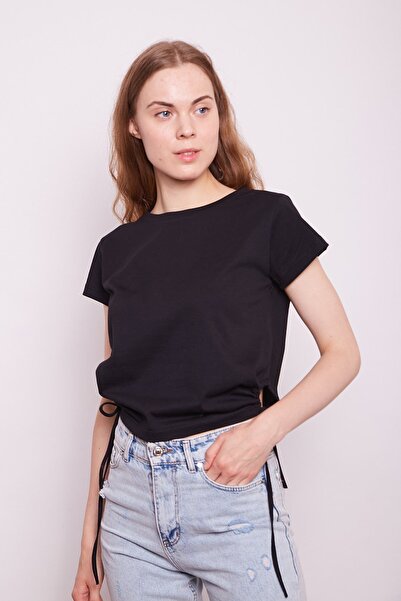 Jument Lycra-free Cotton Fabric Wide Crew Neck Short Sleeve Side Tie Short Sleeve Tshirt - black