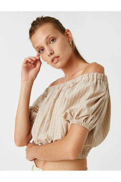Koton Schulterfreie Crop-Bluse mit elastischem Bund aus Leinenmischung
