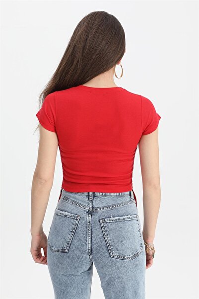 VAPUR TEKSTİL Crew Neck and Side Gathered Red Blouse
