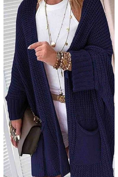 Devinka Oversize Mold Navy Blue Women's Long Pocket Knitwear Cardigan