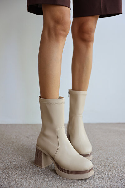 selinshoes Ulrike Yüksek Topuklu Fermuarlı Kadın Bot- EKRU
