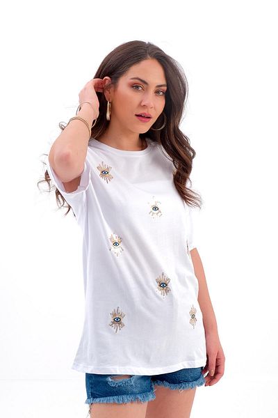 Moka Shopin Mokashopin Eye Embroidered Single Jersey T-Shirt - Ecru