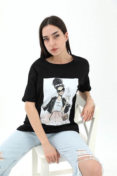 VAPUR Tricou cu detaliu în piatră cu decolteu rotund - negru