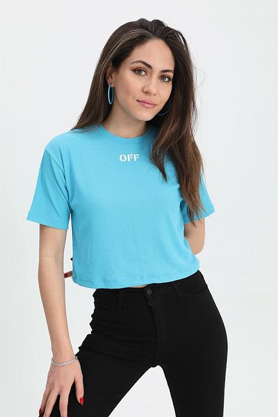 VAPUR TEKSTİL Tricou Crop Albastru - Decolteu Crew, Off Text
