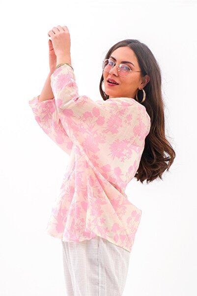 VAPUR TEKSTİL Pink Floral Patterned Three-Quarter Sleeve Kimono