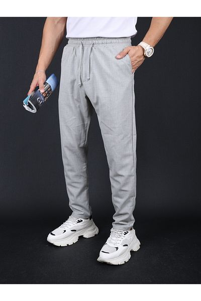 mavisima erkek giyimi Men's Gray Slim Fit Relaxed Cut Waist-Tied Side Pocket Back Pocket Jogger Pants