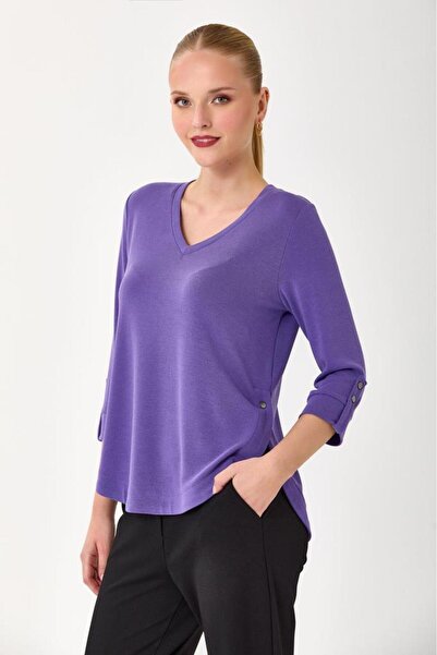 İKİLER V Yaka Kolları ve Eteği Çıtçıt Detaylı Bluz 245-1013