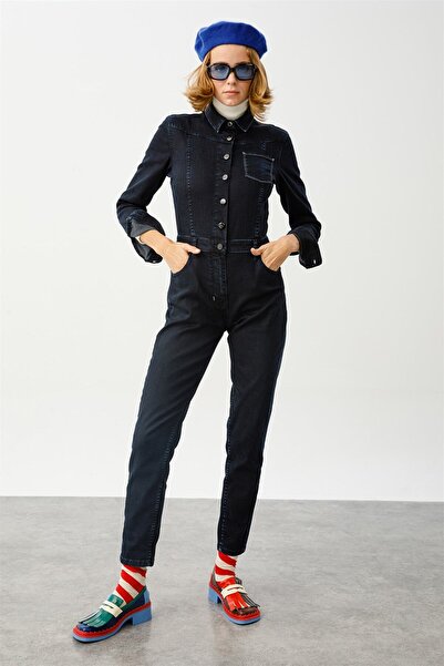 Denim Trip بذلة جينز نسائية من VALERIA بقصة ضيقة بلون نيلي داكن / أزرق داكن