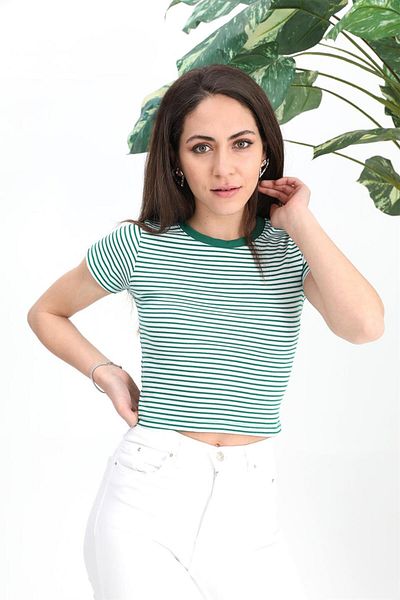 VAPUR TEKSTİL Μπλούζα Crew Neck Ριγέ Καμιζόλα - Πράσινη