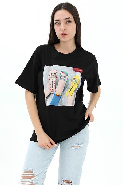 VAPUR Tricou imprimat cu papuci cu gât - negru