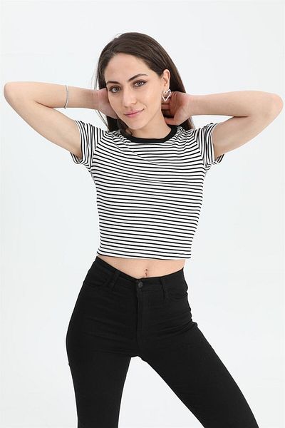 VAPUR TEKSTİL Μπλούζα Crew Neck Ριγέ Καμιζόλα - Εκρού