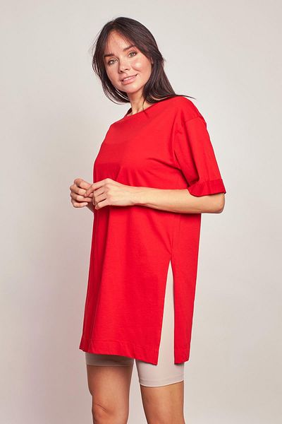 Jument Lycra-free Cotton Crew Neck Loose Double Sleeve Side Slit Oversize Tshirt- -Red
