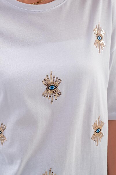 VAPUR TEKSTİL Ecru Single Jersey T-Shirt - Eye Embroidery Detail
