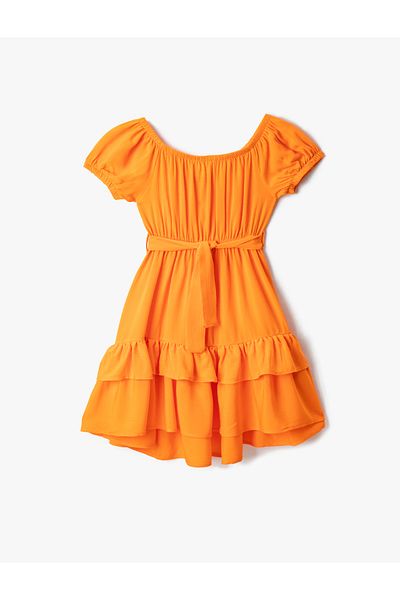 Koton Kleid Midi-Gürtel Detaillierte Kurzarm-Rüschen-Volant-U-Ausschnitt