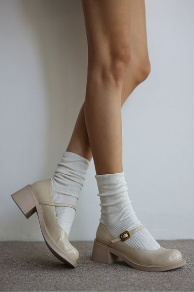 selinshoes Nora Short Heeled Women's Loafer with Ankle Detail and Gold Accessories - Ekru