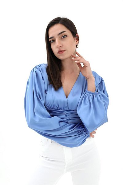 Moka Shopin Bluză drapată cu mânecă cu balon albastru - MokaShopin