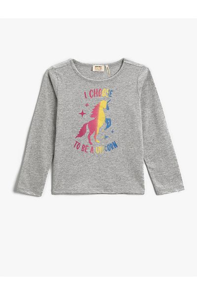 Koton Tricou Imprimat Unicorn mânecă lungă Decolteu Crew Bumbac