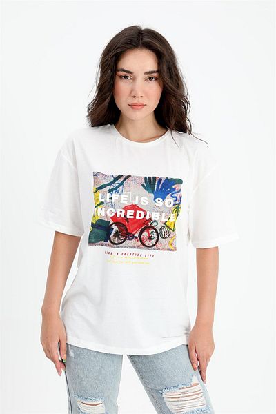 VAPUR TEKSTİL T-shirt Crew Neck με μοτίβο με ανάγλυφο κείμενο - εκρού