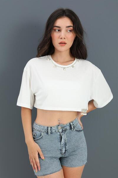 VAPUR TEKSTİL Crop Crew Neck with Pearl Detail - White