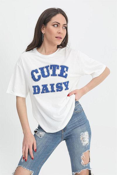 VAPUR TEKSTİL Tricou albastru cu decolteu cu imprimeu în relief