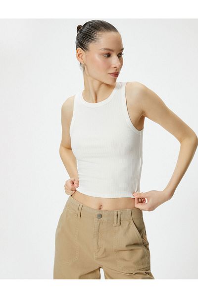 Koton Crew Neck Cotton Crop Tank Top - Ribbed